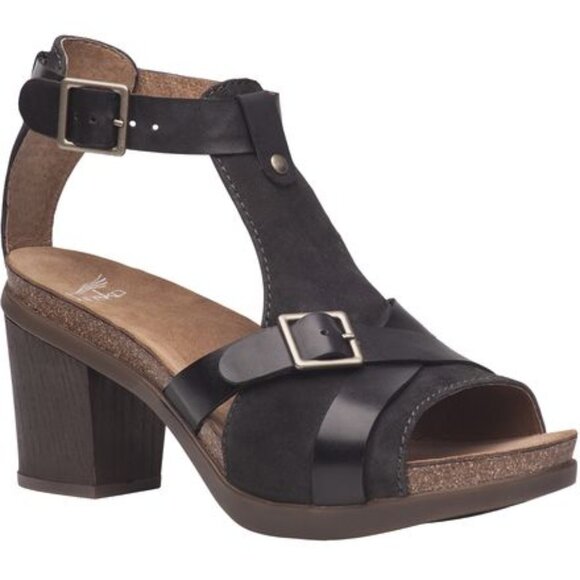 Dansko Dominique T-strap 3" Block Heel Sandals Cork Midsole Black Leather - Picture 1 of 9